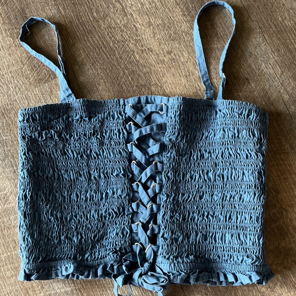 American Eagle Smocked Lace Up Tube‎ Top Blue Removable Straps Medium